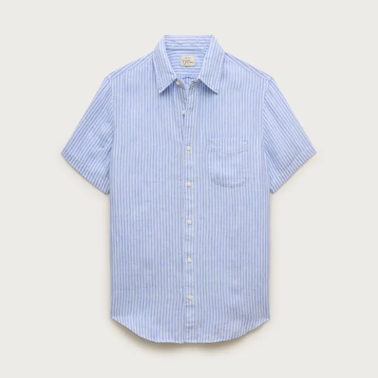 Short-sleeve point-collar linen shirt in stripe