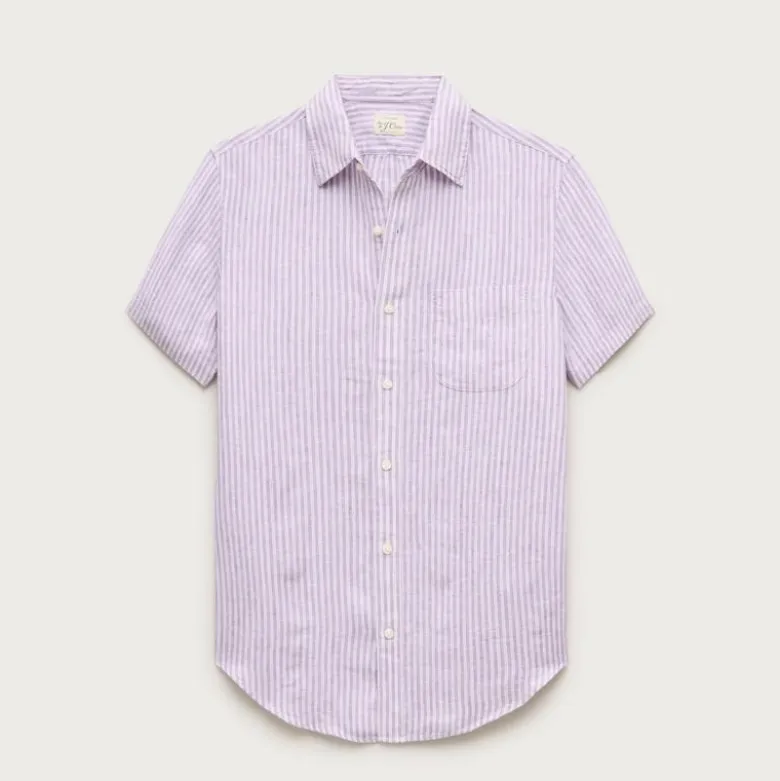 Short-sleeve point-collar linen shirt in stripe