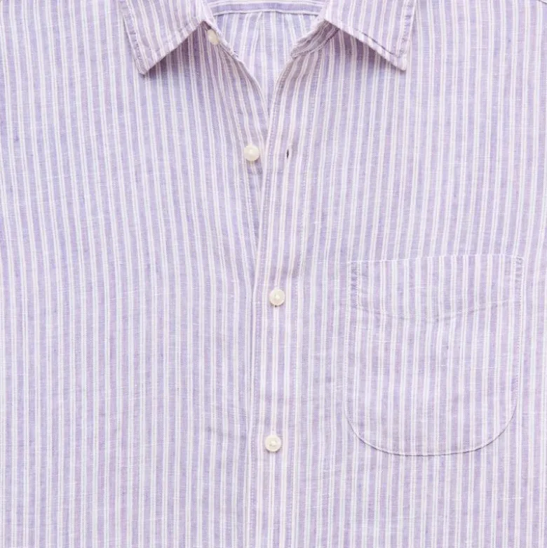 Short-sleeve point-collar linen shirt in stripe