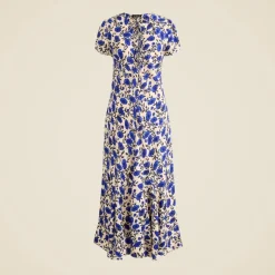Short-sleeve slip dress in indigo daisy print