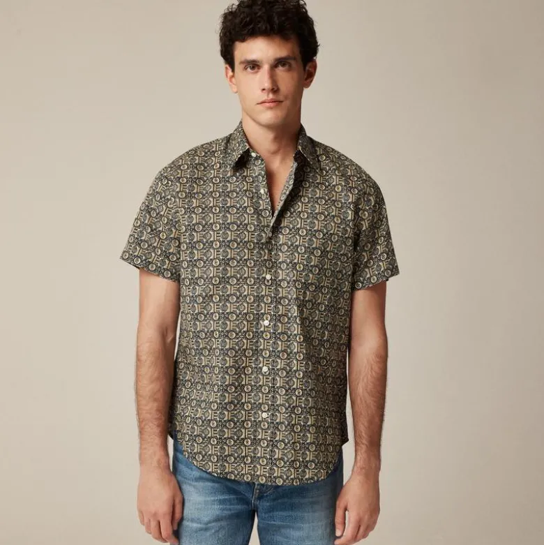 Short-sleeve slub cotton-linen blend camp-collar shirt in print