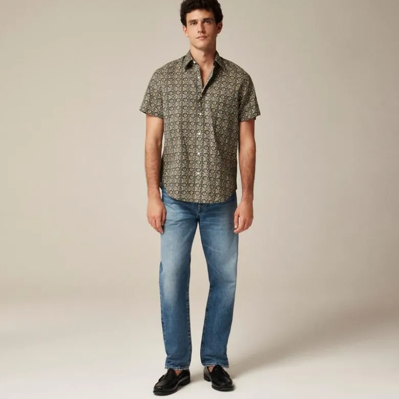 Short-sleeve slub cotton-linen blend camp-collar shirt in print