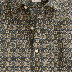 Short-sleeve slub cotton-linen blend camp-collar shirt in print