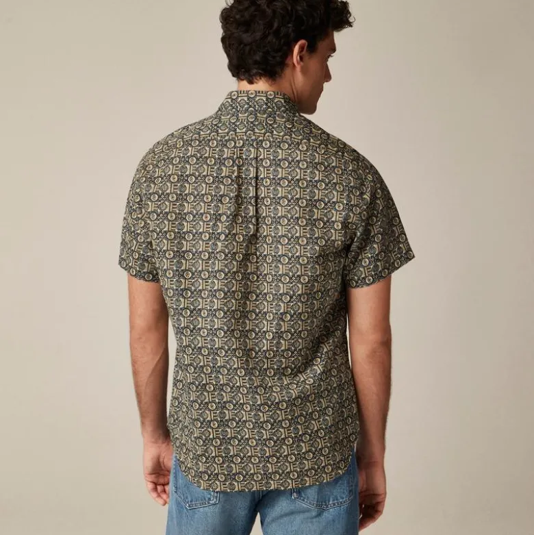 Short-sleeve slub cotton-linen blend camp-collar shirt in print