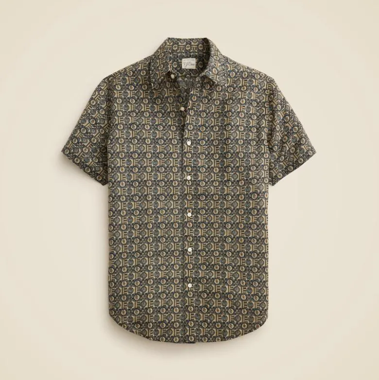Short-sleeve slub cotton-linen blend camp-collar shirt in print