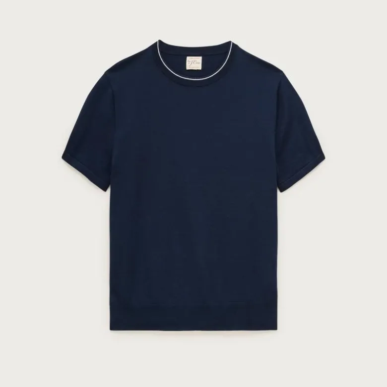 Short-sleeve tipped crewneck sweater in Pima cotton