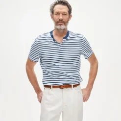 Short-sleeve vintage-wash cotton henley in stripe