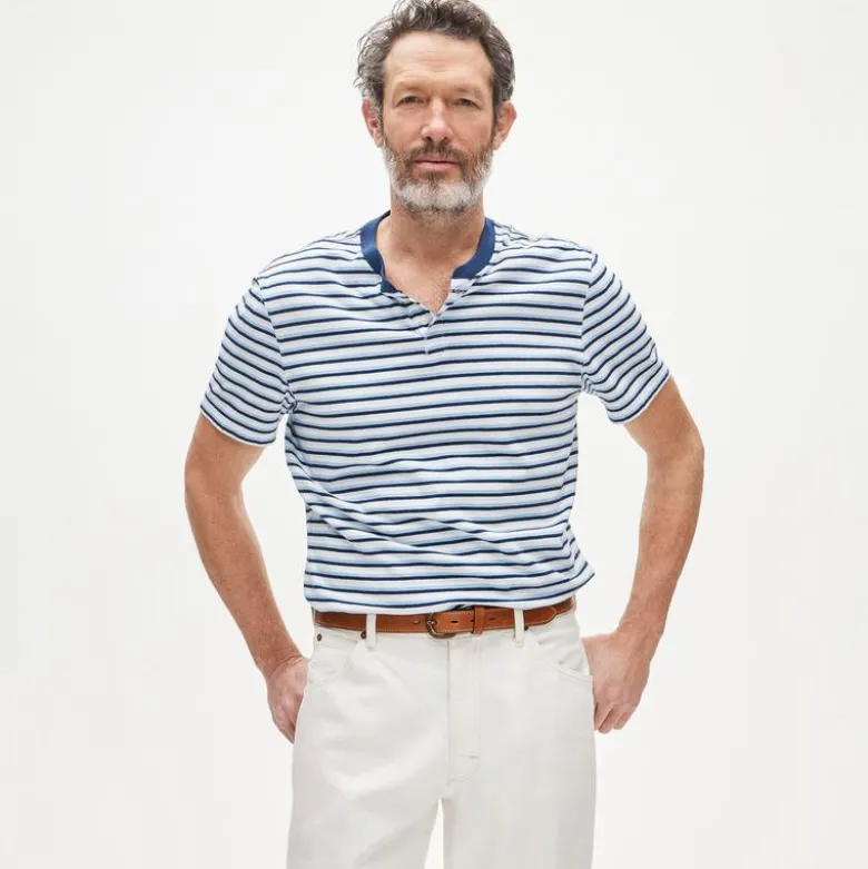 Short-sleeve vintage-wash cotton henley in stripe