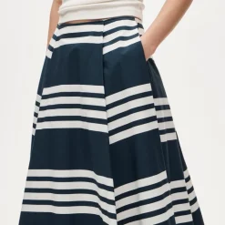Side-pleat midi skirt in sailor-stripe cotton poplin