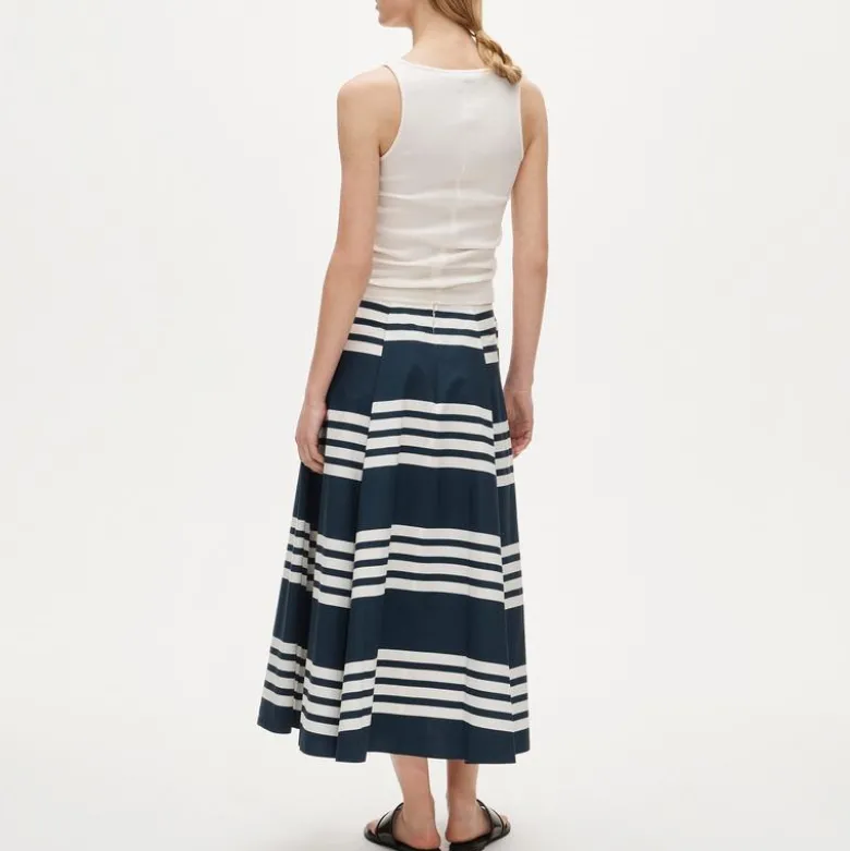 Side-pleat midi skirt in sailor-stripe cotton poplin