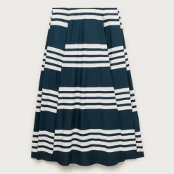 Side-pleat midi skirt in sailor-stripe cotton poplin