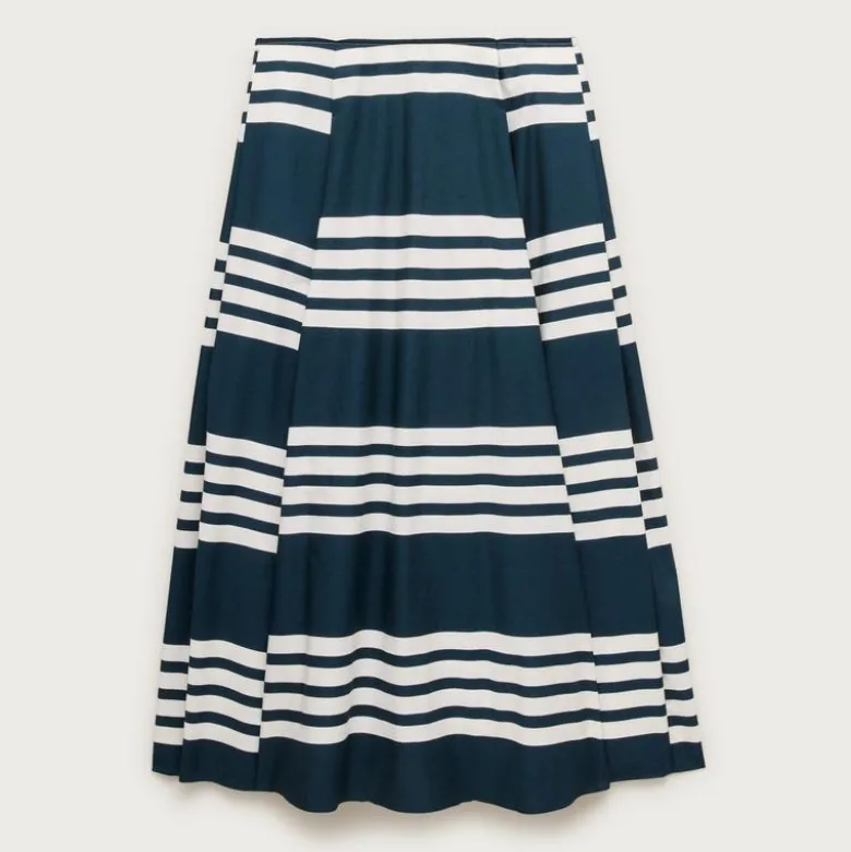 Side-pleat midi skirt in sailor-stripe cotton poplin