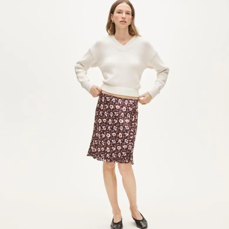 Side-ruffle slip skirt in viscose charmeuse floral