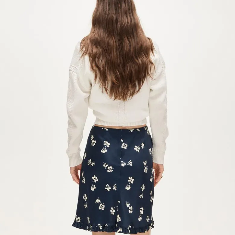 Side-ruffle slip skirt in viscose charmeuse floral