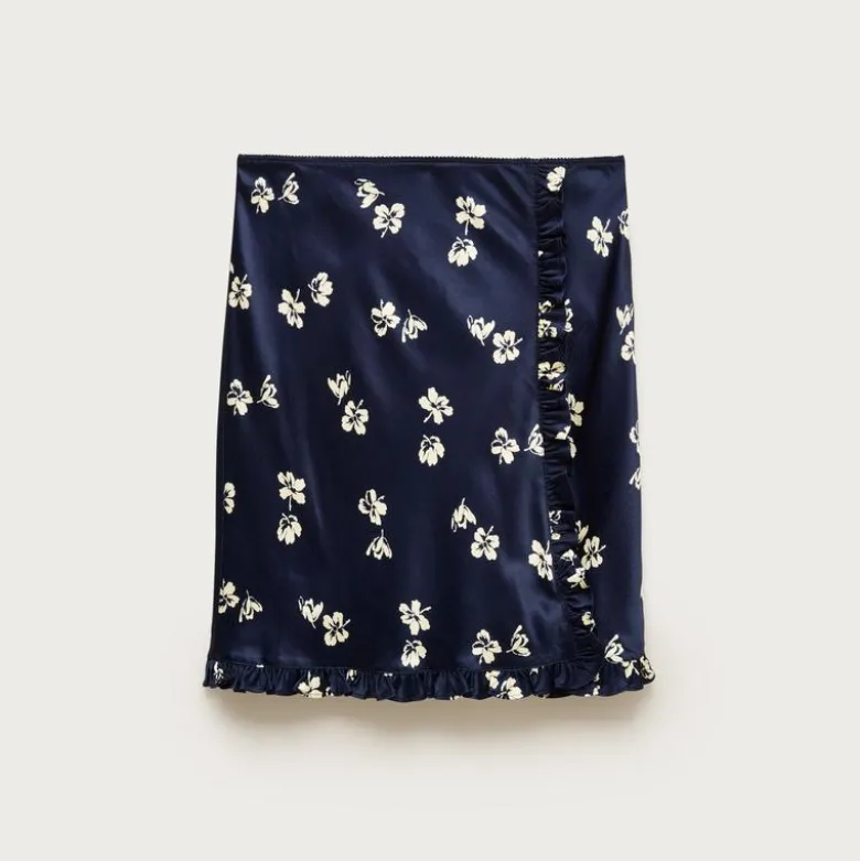 Side-ruffle slip skirt in viscose charmeuse floral