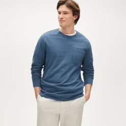 Slim long-sleeve vintage-wash cotton pocket T-shirt