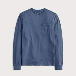 Slim long-sleeve vintage-wash cotton pocket T-shirt