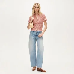 Smocked button-up short-sleeve shirt in floral print