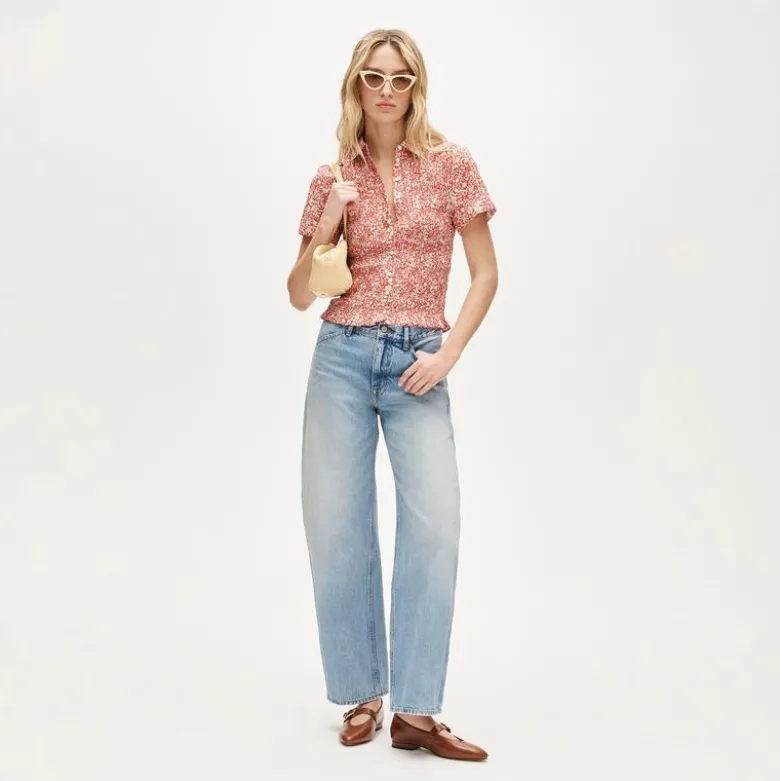 Smocked button-up short-sleeve shirt in floral print