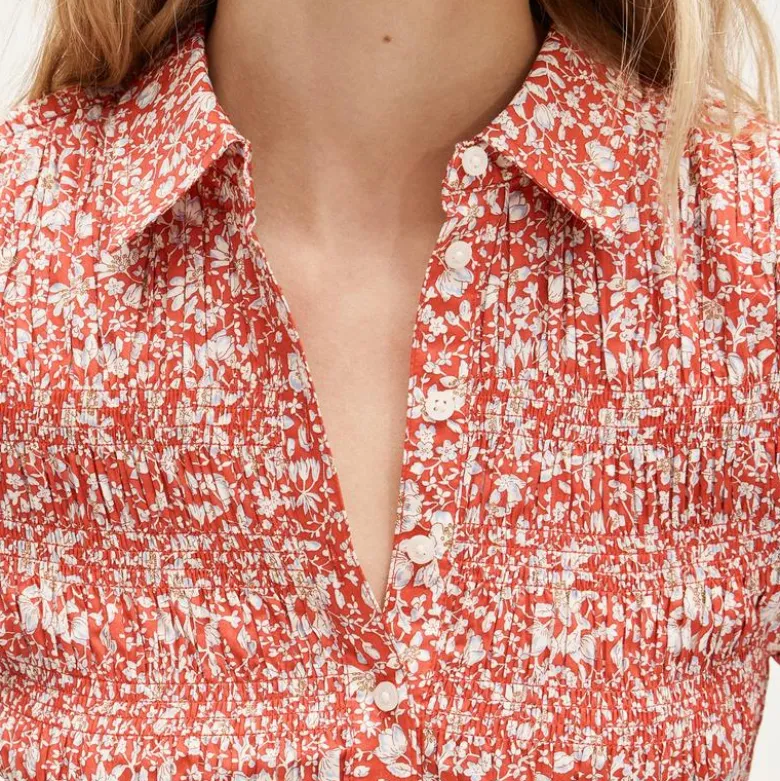 Smocked button-up short-sleeve shirt in floral print
