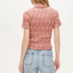 Smocked button-up short-sleeve shirt in floral print