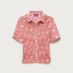 Smocked button-up short-sleeve shirt in floral print
