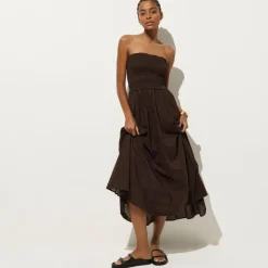 Smocked maxi dress in cotton voile