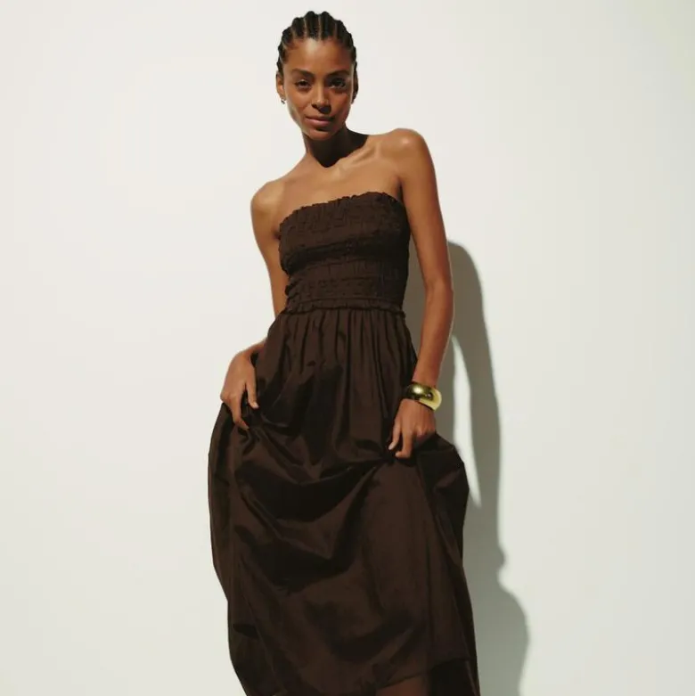 Smocked maxi dress in cotton voile