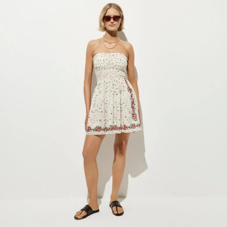 Smocked mini dress in map-print cotton voile