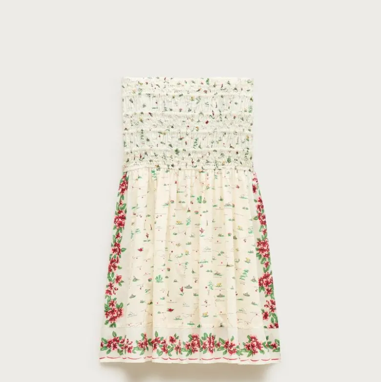 Smocked mini dress in map-print cotton voile