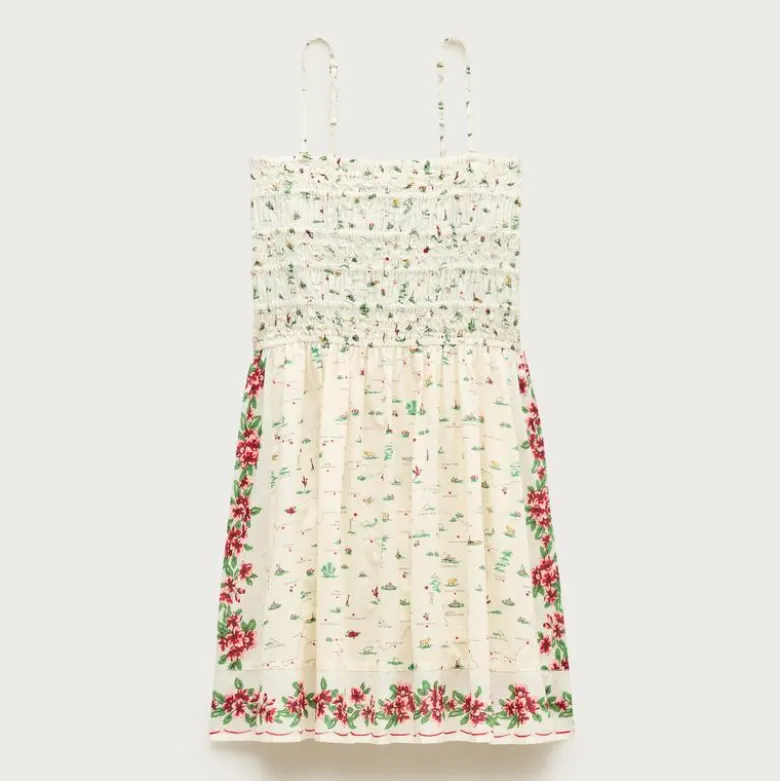 Smocked mini dress in map-print cotton voile