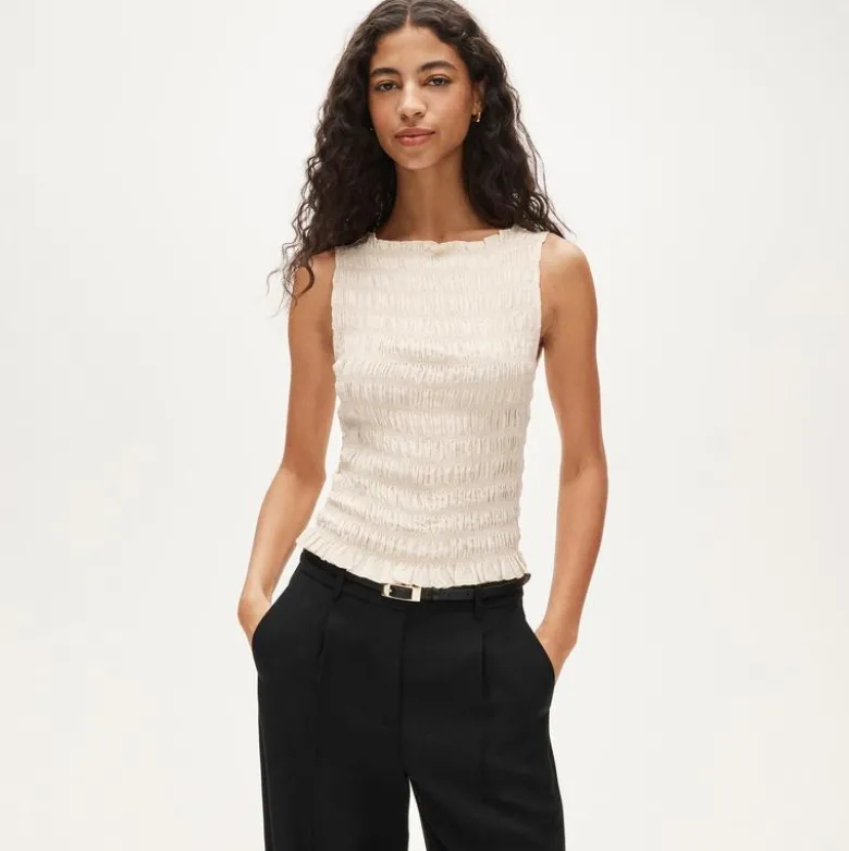 Smocked shell tank top in crepe de chine