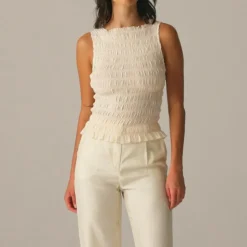 Smocked shell tank top in crepe de chine