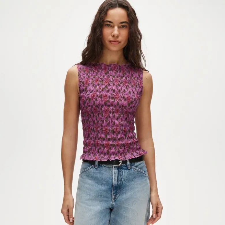 Smocked shell tank top in floral-print ramie