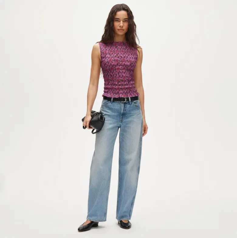 Smocked shell tank top in floral-print ramie