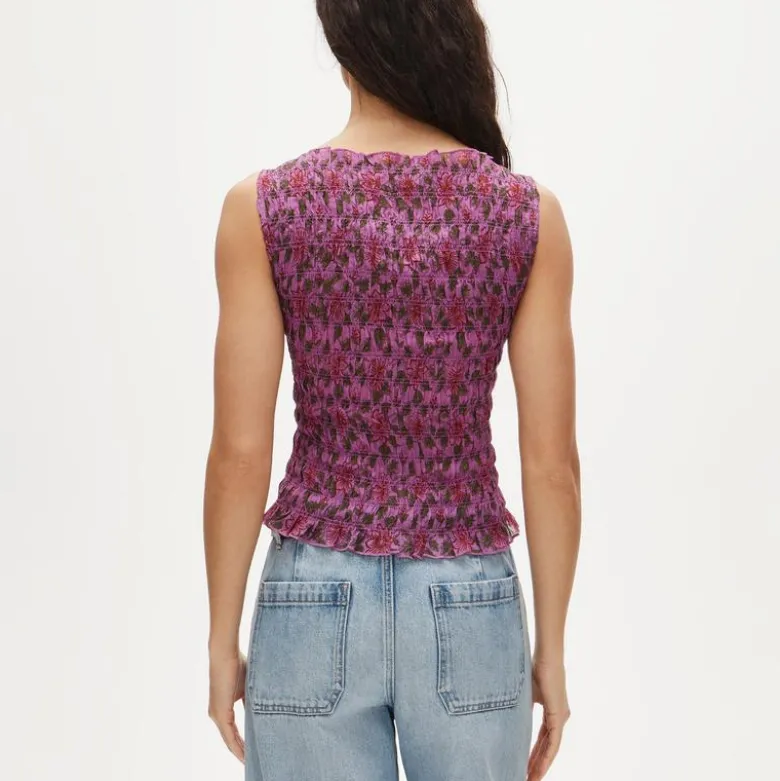Smocked shell tank top in floral-print ramie
