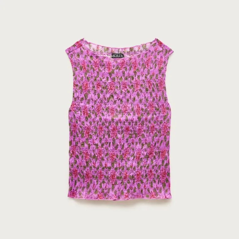 Smocked shell tank top in floral-print ramie