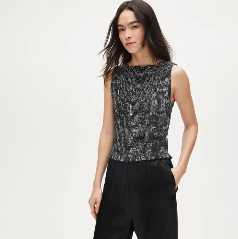 Smocked shell tank top in dot-print crepe de chine