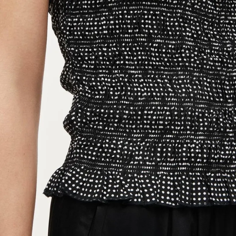 Smocked shell tank top in dot-print crepe de chine