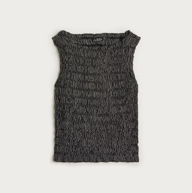 Smocked shell tank top in dot-print crepe de chine