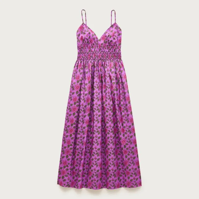 Smocked-waist V-neck dress in iris floral
