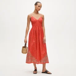Smocked-waist V-neck dress in map print