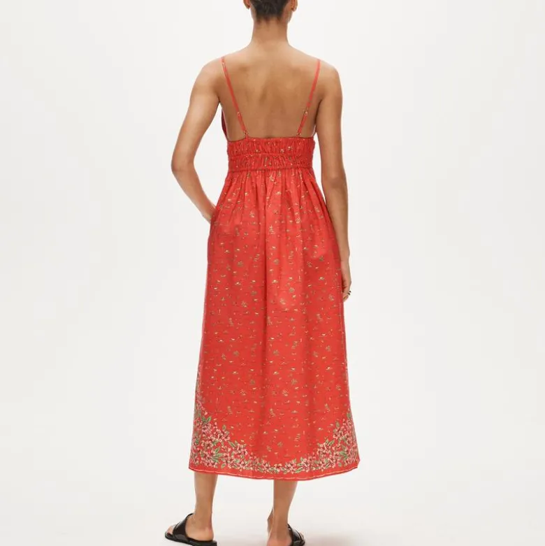 Smocked-waist V-neck dress in map print
