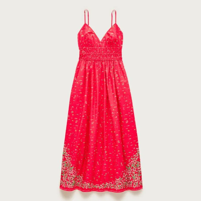 Smocked-waist V-neck dress in map print