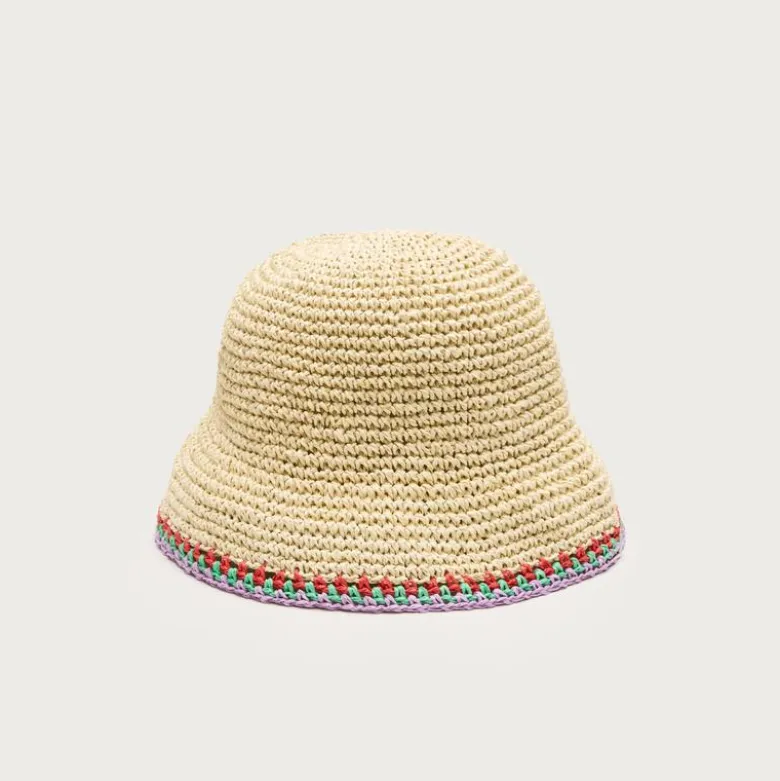 Straw bucket hat with crochet trim