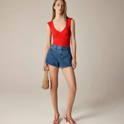 Stretch cotton cap-sleeve crossover shirt