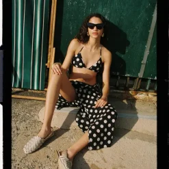 String bikini top in reversible dot-stripe print