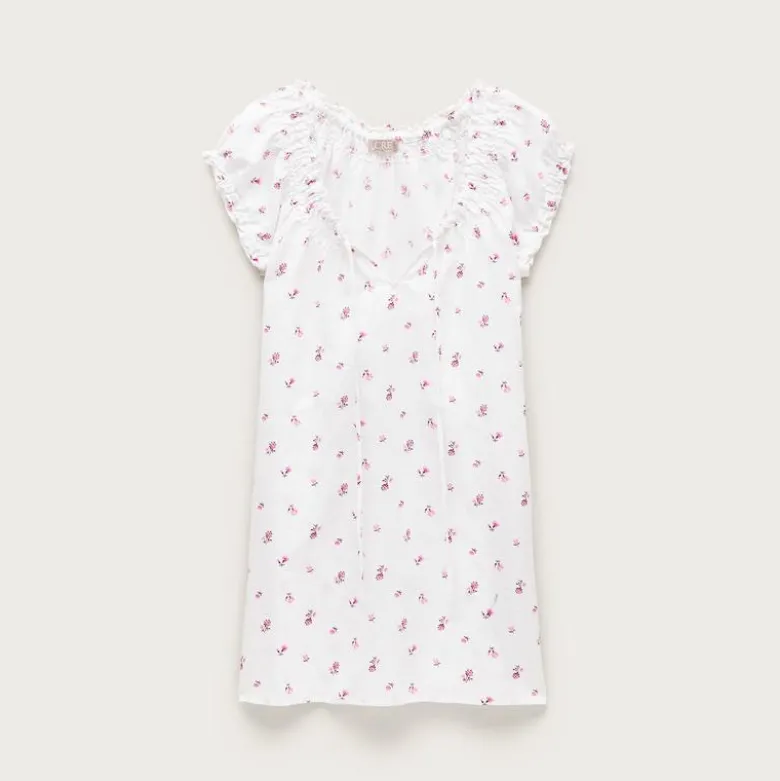 Tie-front mini nightgown in floral-print linen-cotton blend