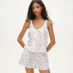 Tie-front pajama short set in floral-print linen-cotton blend