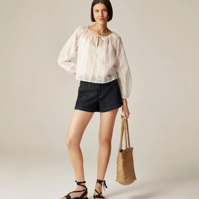 Tie-front popover top in dobby satin